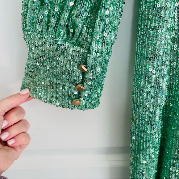 Ieena for Mac Duggal Green Sequined Mini Dress Bishop Sleeve Size 12 - Picture 8 of 16